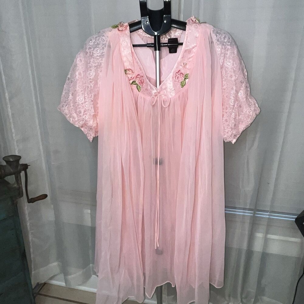 2pc Vintage Pink Nightgown PEIGNOIR Robe Set SHEER Chiffon BABYDOLL Dress Medium